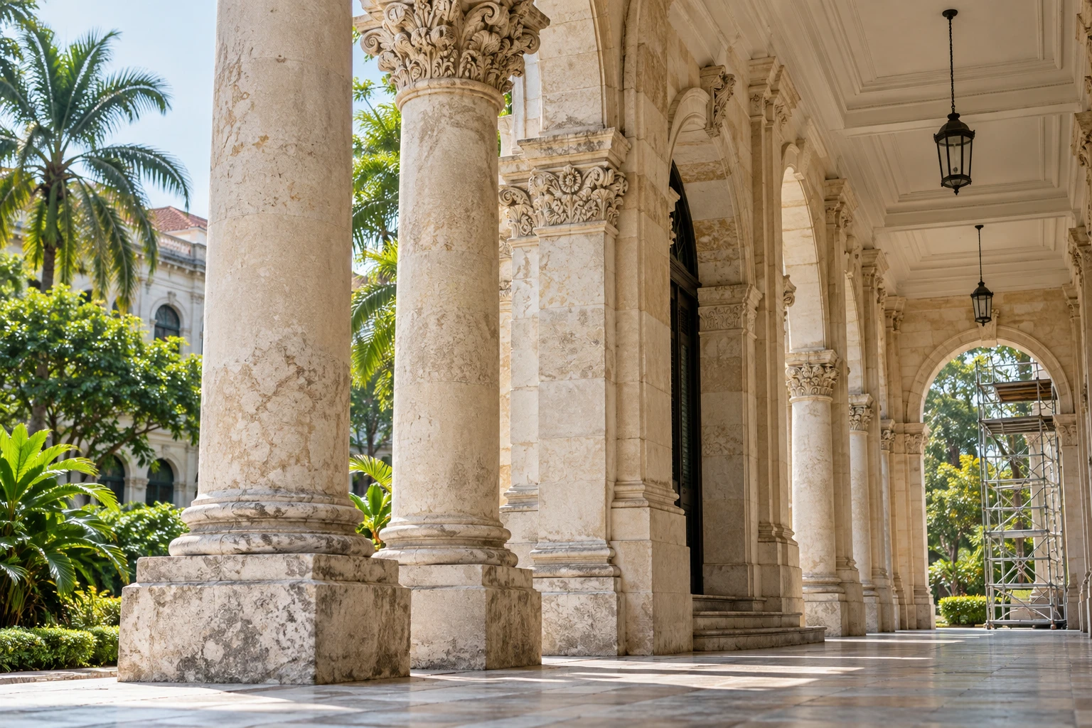 Illustrative heritage colonnade with original stone columns and carved capitals