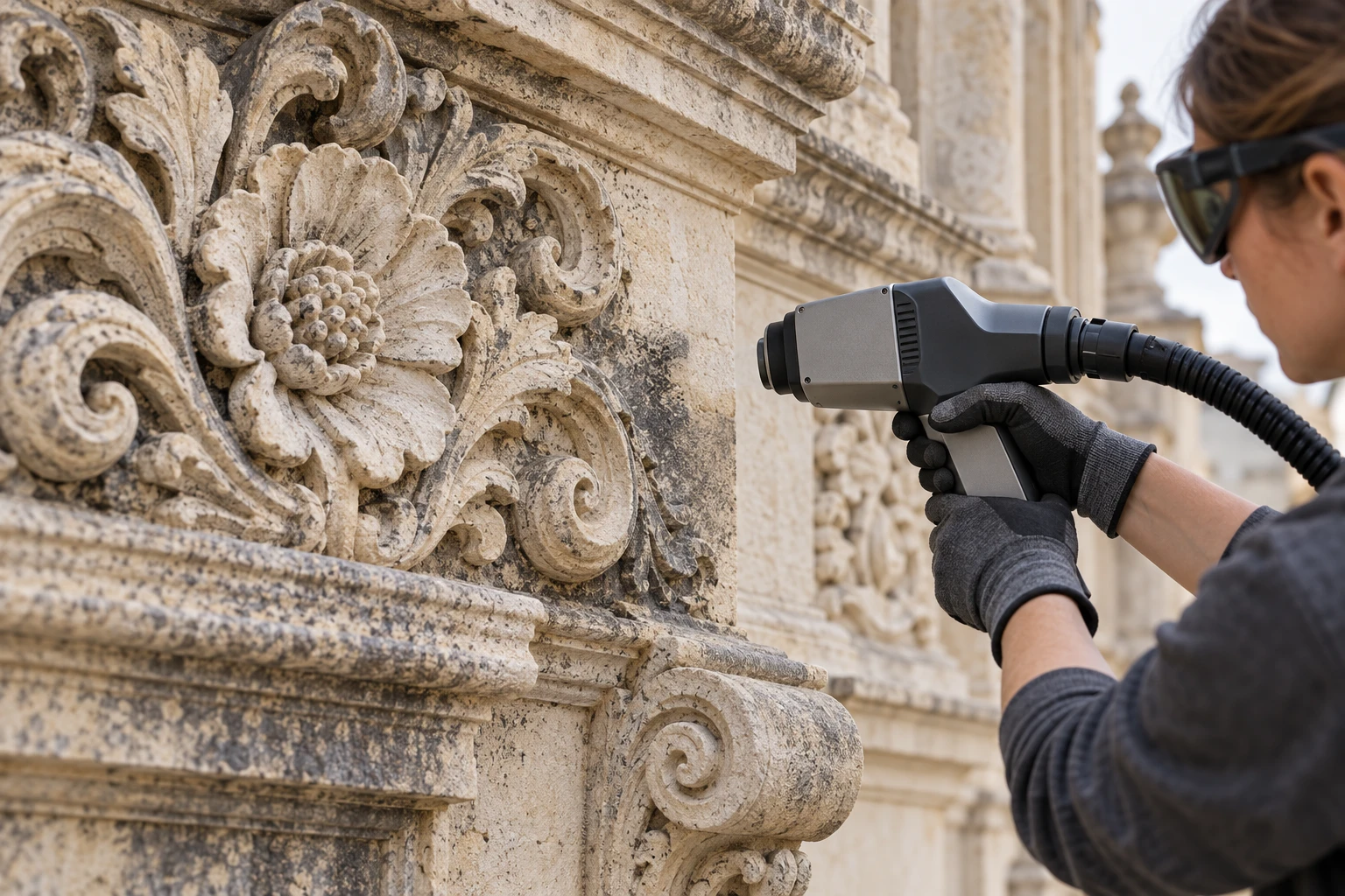 Illustrative precision laser cleaning beside ornamental heritage stonework