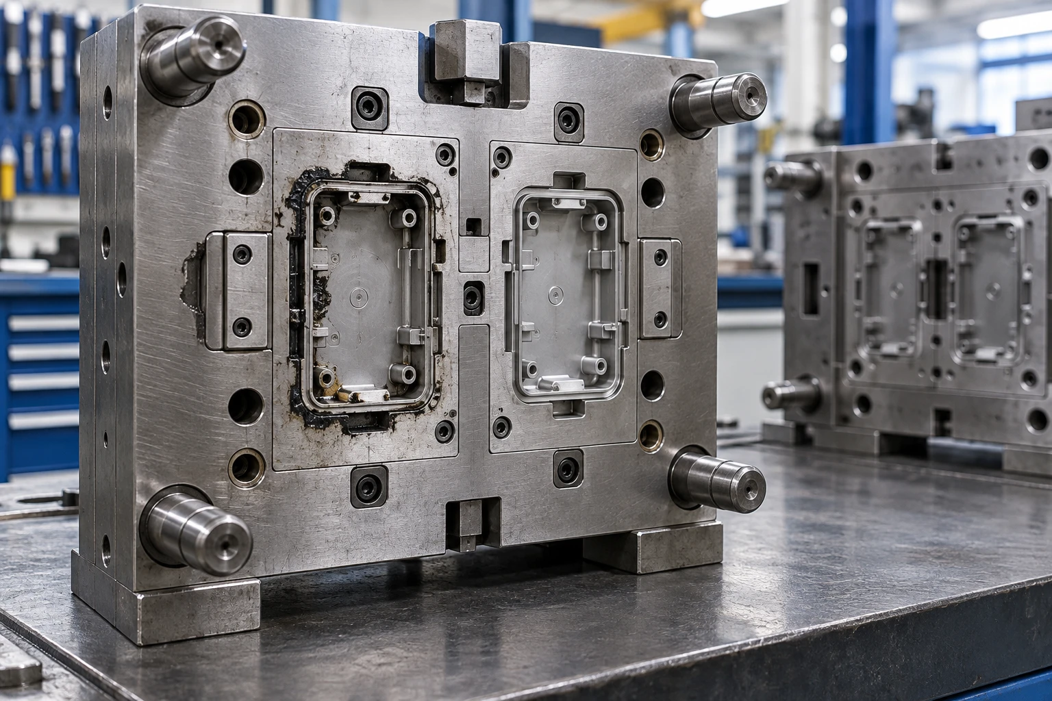 Injection mould tooling with detailed cavities, inserts and guide pillars