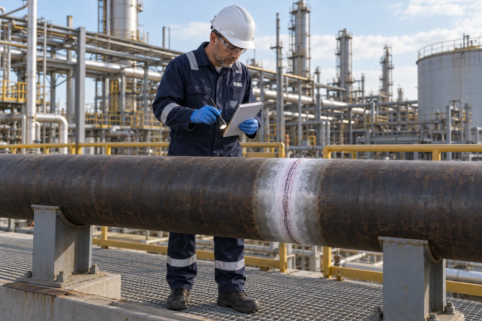 Illustrative NDT technician examining a prepared process-pipe weld during visible dye penetrant testing