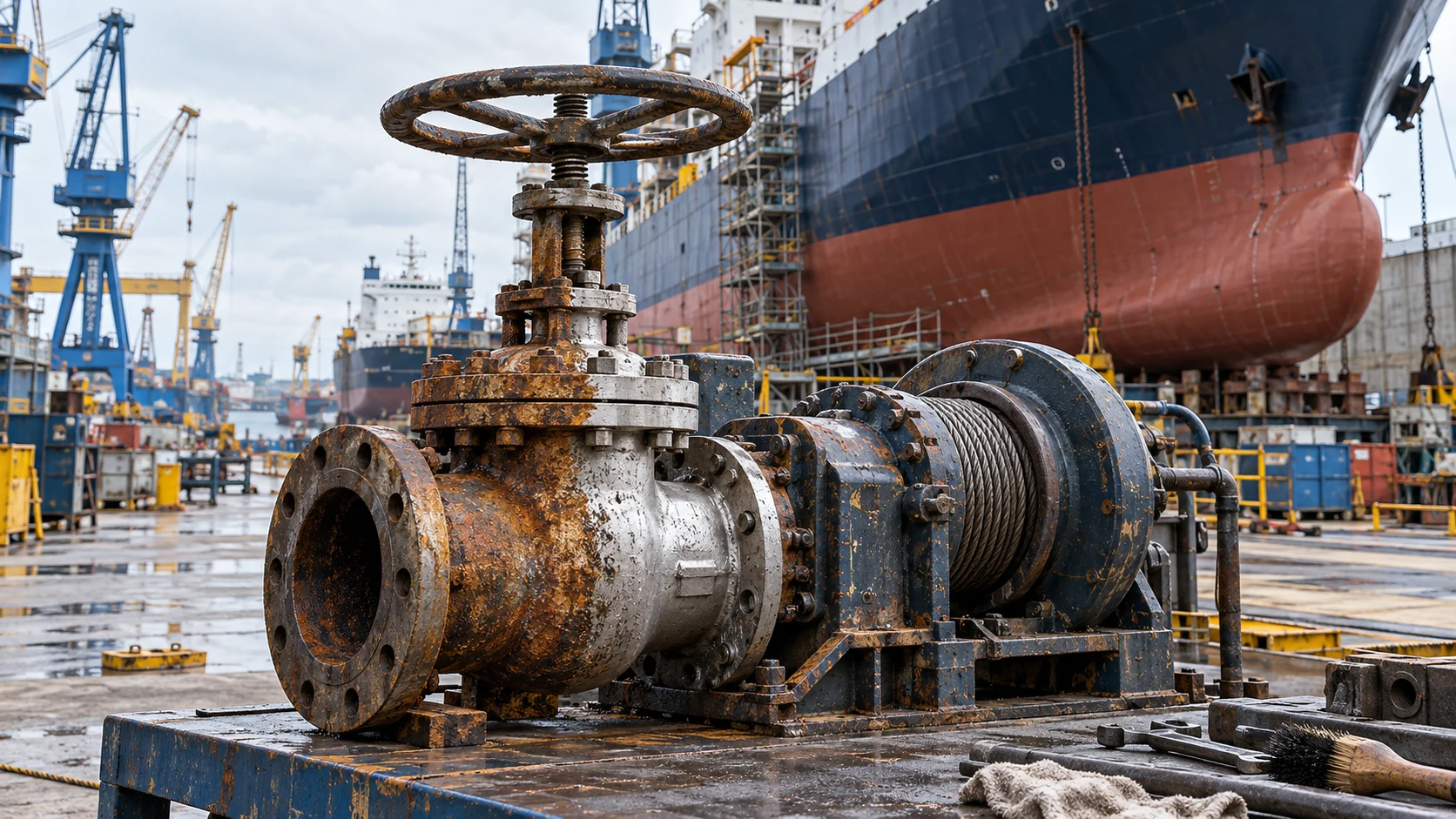 Shipyard dry dock and marine valve awaiting restoration