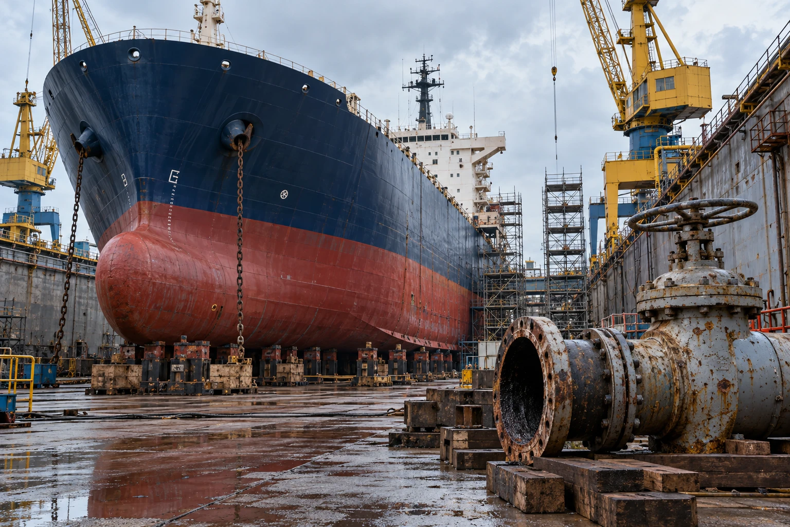 Merchant ship in dry dock with marine equipment in foreground